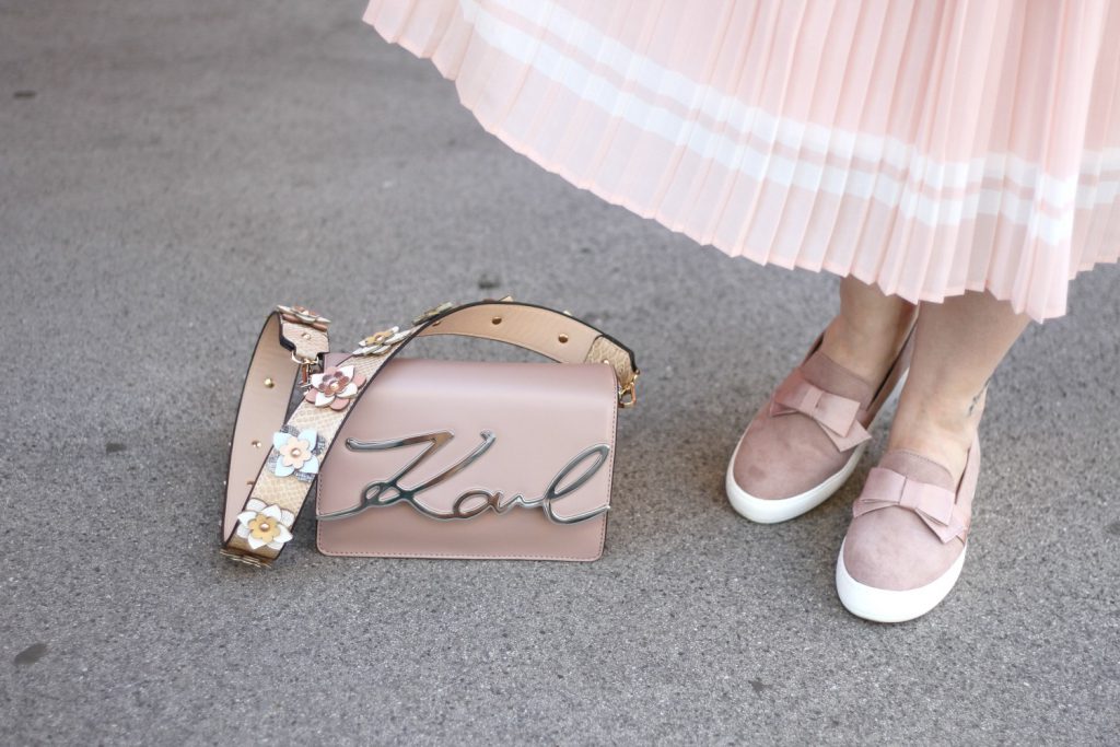 Deichmann Loafer pink Blogger Outfit Midiskirt Karl Lagerfeld Itbag Hallhuber Schulterriemen Blumen Deichmann Loafers Blogger Outfit